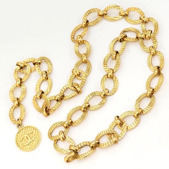 CHANEL Quilted Hoop Circle Link Belt 30" Gold Tone 25 Auth #23942 - Picture 1 of 6